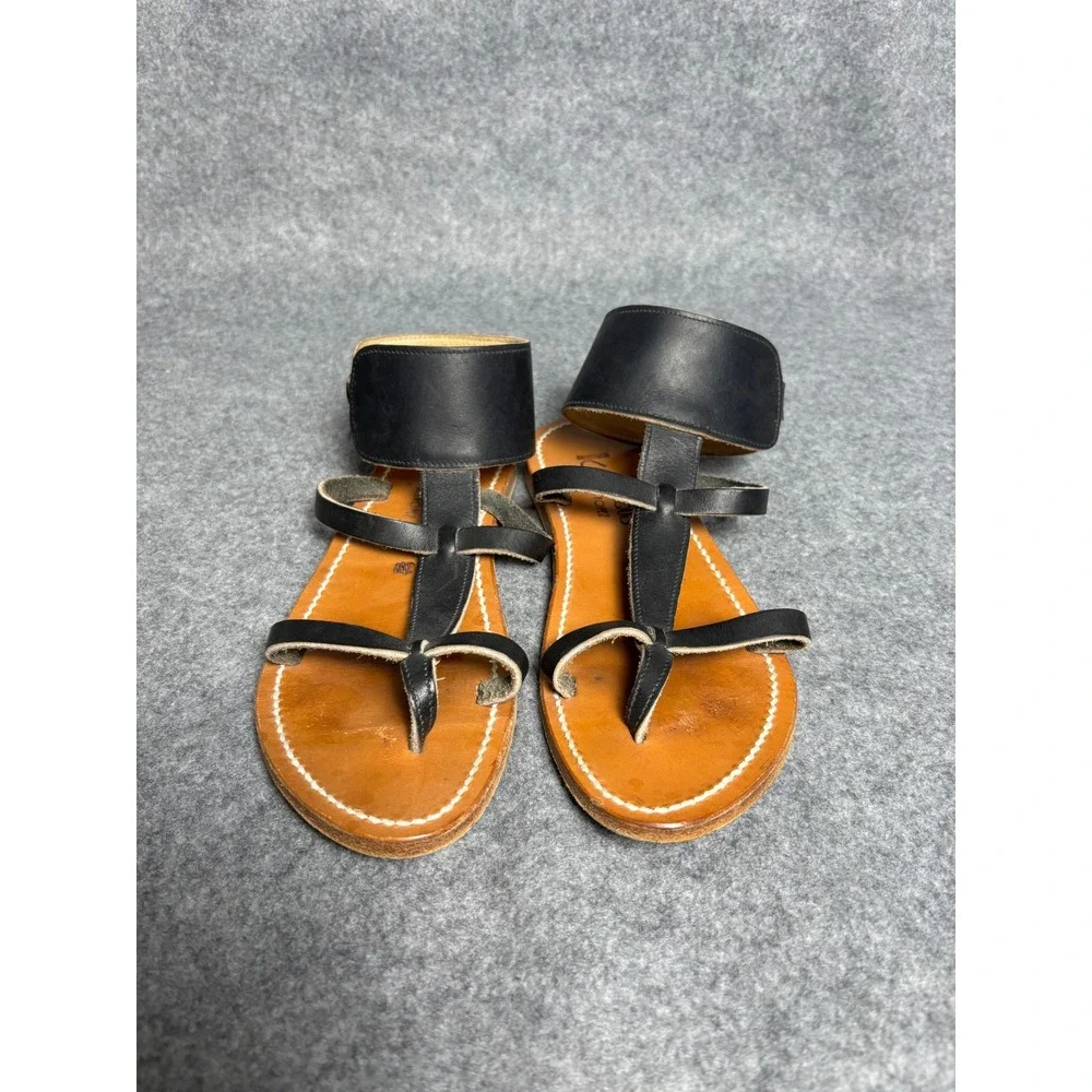 K.Jacques Setropez Black Leather Flat Gladiator Ankle Strap Sandals Womens 39